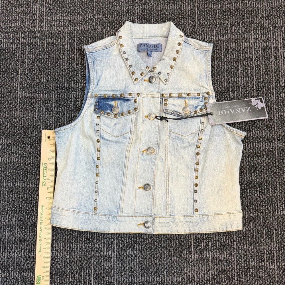 Zanadi Zana Di Studded Denim Vest Womens 12 Blue Jean Sleeveless Button Up NWT